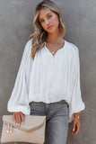 White Solid Color V Neck Balloon Sleeve Shirt