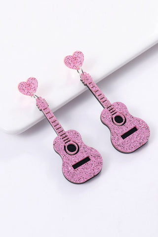 Pink Shiny Guitar Love Music Festival Heart Stud Earrings