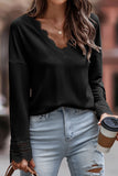 Apricot Ribbed Texture Lace Trim V Neck Long Sleeve Top