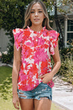 Rose Floral Flutter Sleeves Frilled Neck Blouse