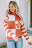 Brown Checkered Floral Print Striped Sleeve Sweater