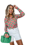 Red Retro Floral Print Stretchy Long Sleeve Top