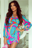 Multicolor Abstract Print Wrap V Neck Puff Sleeve Dress