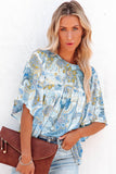 Sky Blue Paisley Pattern Print Drawstring V Neck Blouse