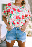 Red Floral Print Ruffled Short Sleeve V Neck Blouse