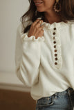 Khaki Frill Trim Buttoned Knit Pullover Sweater