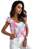 Multicolor Pastel Geometric Print V-Neck Pleated Cap Sleeve Top