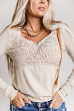 Beige Lace Crochet V Neck Long Sleeve Top