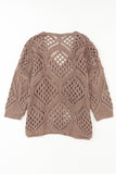 Khaki Hollowed Knit V Neck Dolman Sleeve Sweater