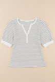 White Striped Print Notch V Neck Short Sleeve Top