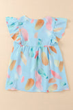 Sky Blue Splotches Pattern Ruffled Cap Sleeve Shift Top