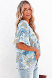 Sky Blue Paisley Pattern Print Drawstring V Neck Blouse