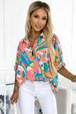 Multicolor Abstract Geometry Print Half Puff Sleeve Loose Shirt