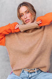 Khaki Color Block Turtle Neck Drop Shoulder Knit Sweater