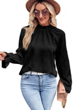 Black Frilled Mock Neck Ripple Bubble Sleeve Blouse