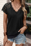 Black Lace Short-Sleeve Scalloped V-Neck Top