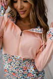 Pink Floral Patch Half Zip Kangaroo Pocket Hoodie