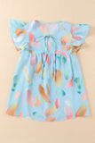 Sky Blue Splotches Pattern Ruffled Cap Sleeve Shift Top