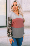 Red Wild Leopard Contrast Sleeve Colorblock Waffle Knit Top