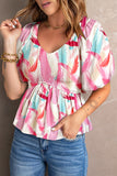 Pink Abstract Brush Print Loose Fit Blouse