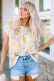 Yellow Floral Print Keyhole Back Short Sleeve Babydoll Blouse