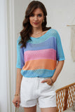 Sky Blue Knitted Eyelet Colorblock Striped Half Sleeves Top