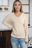 Apricot Ribbed Texture Lace Trim V Neck Long Sleeve Top