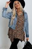 V Notch Rolled Cuffs Loose Leopard Top