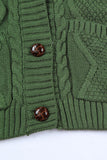 Green Front Pockets Buttons Textured Cardigan