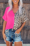 Rose Contrast Leopard Color Block Blouse