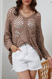 Khaki Hollowed Knit V Neck Dolman Sleeve Sweater