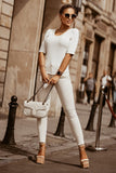 White Round Neck Half Sleeve Ribbed Knit Top