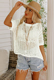 Apricot Fishnet Knit Ribbed Round Neck Short Sleeve Sweater Tee