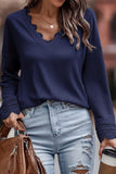 Apricot Ribbed Texture Lace Trim V Neck Long Sleeve Top