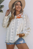 White Floral Embroidered Ethnic Printed Crinkle Blouse