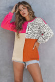 Leopard Patchwork Color Block Ribbed Long Sleeve Top