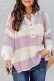 Pink Striped Knit Button Ribbed Split Neck Sweater