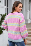 Pink Contrast Striped Open Front Cable Cardigan