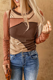 Brown Expose Seam Color Block Ribbed Knit Top