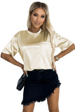 Apricot Glitter Chest Pocket Round Neck Long Sleeve Top