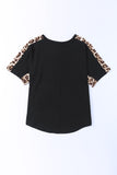 Black Leopard Splicing O-neck Short Sleeve T Shirt