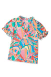 Multicolor Abstract Geometry Print Half Puff Sleeve Loose Shirt