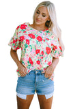 Red Floral Print Ruffled Short Sleeve V Neck Blouse