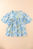 Sky Blue Paisley Pattern Print Drawstring V Neck Blouse