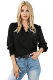 Black Solid Surplice Neck Shirred Cuffs Draped Blouse