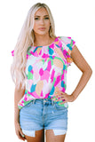 Multicolor Abstract Pattern Ruffle Short Sleeves Blouse