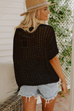 Apricot Fishnet Knit Ribbed Round Neck Short Sleeve Sweater Tee