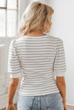 White Striped Print Notch V Neck Short Sleeve Top