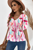 Pink Abstract Brush Print Loose Fit Blouse