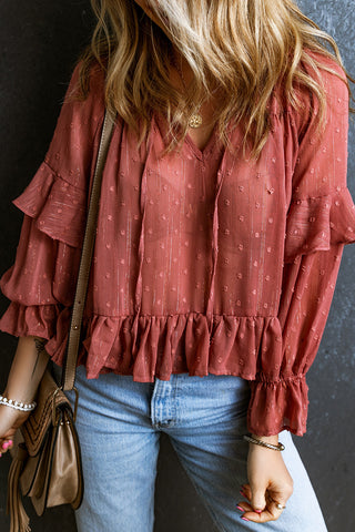 Red Swiss Dot Lace up V Neck Ruffled Blouse